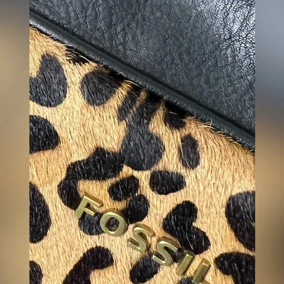 Fossil Black Leather Leopard Cheetah Print Handbag Satchel - Picture 3 of 16